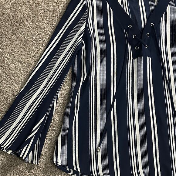 Karina & Chloe Coastal Striped Flowy Lace Up Blouse - Picture 9 of 9